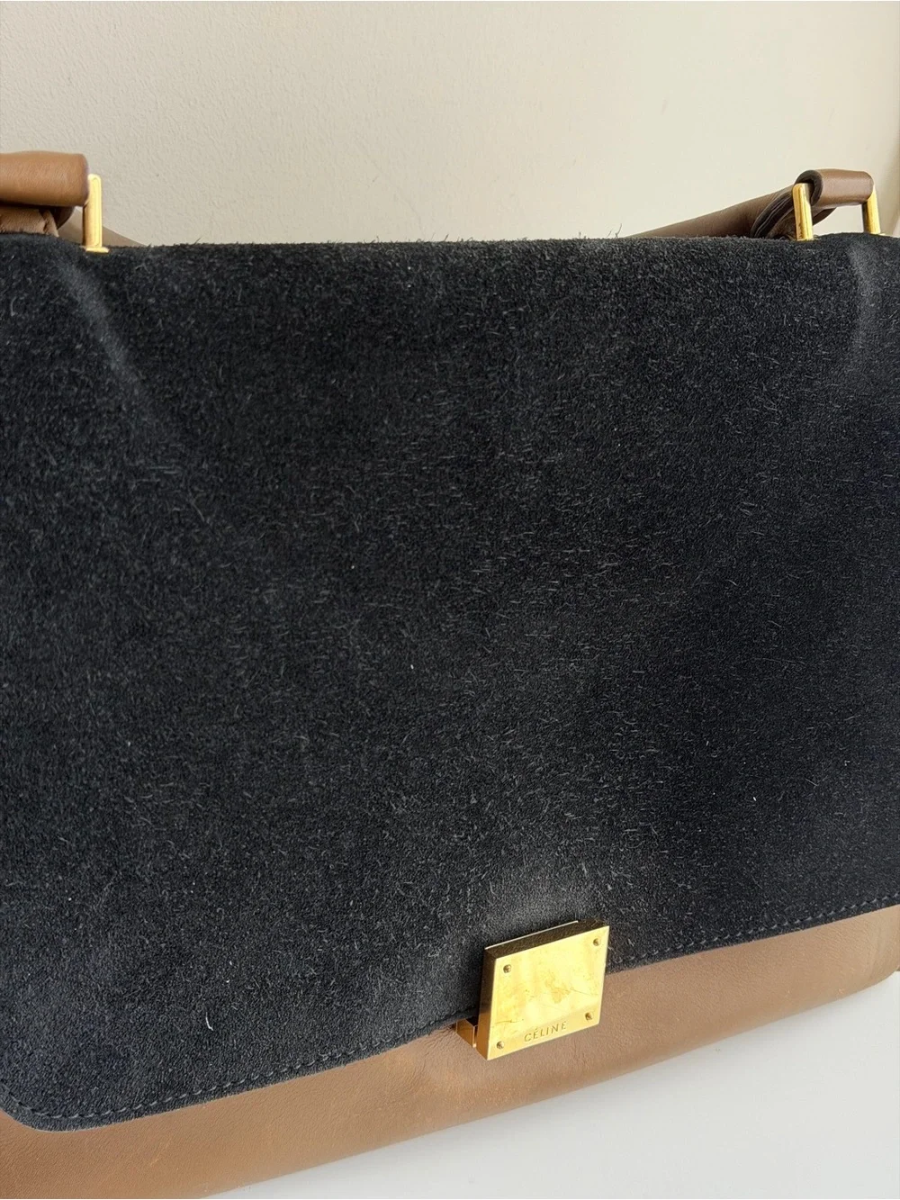 Authentic CELINE Medium Trapeze Tricolor Leather Suede Handbag